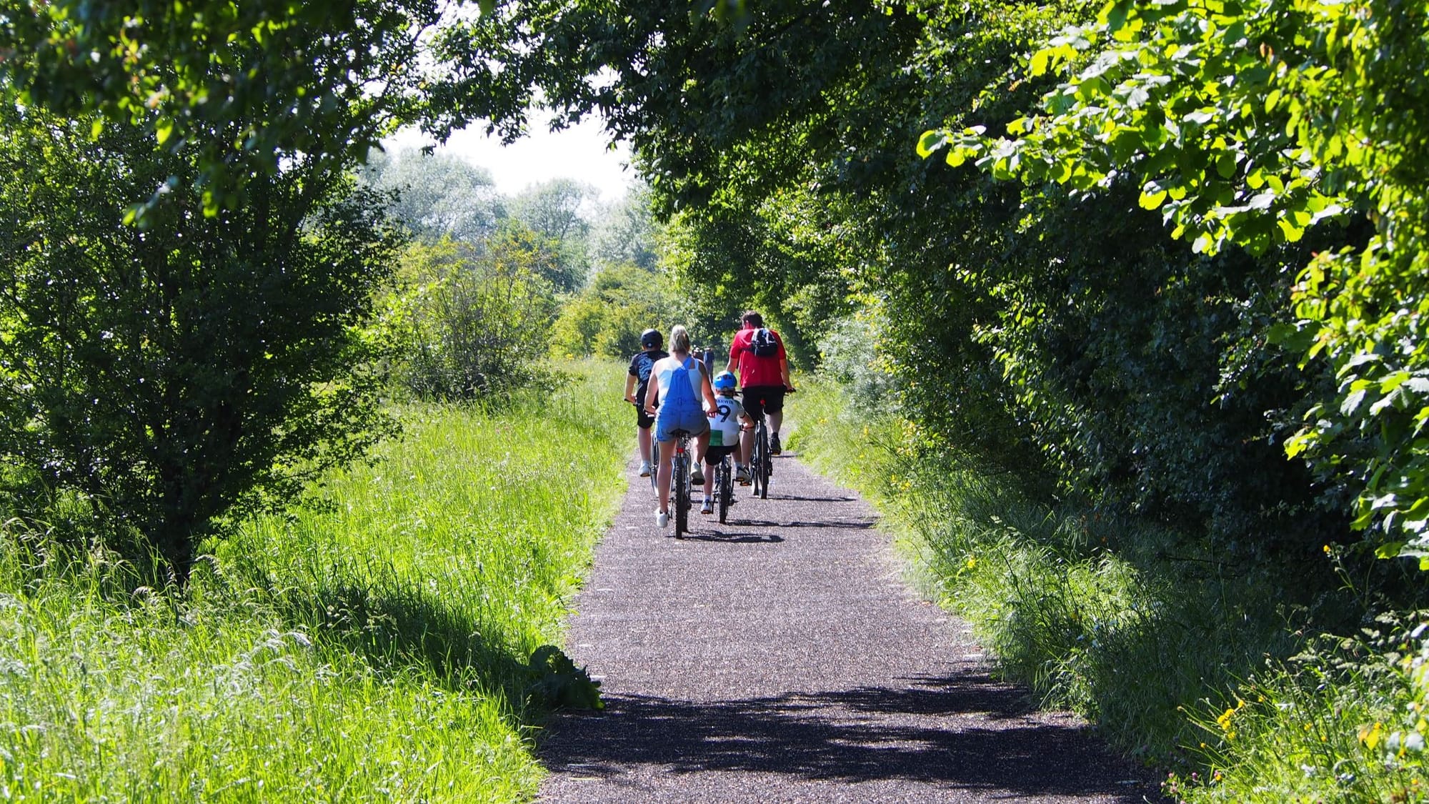 A family cycling on a quiet path through trees and grassland