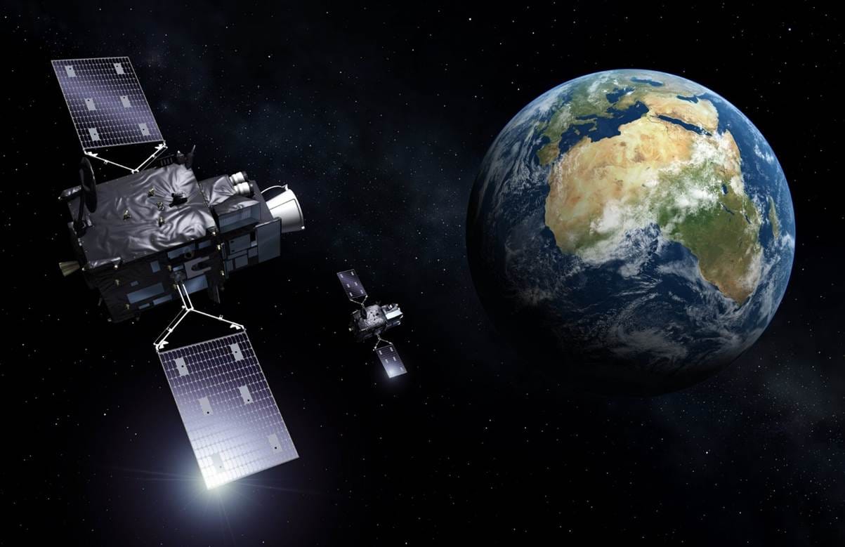 Two satellites in space above the planet Earth