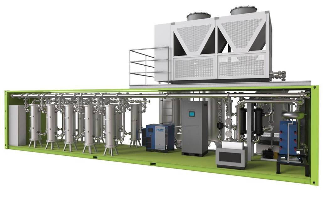 Cut-away drawing of a machine inside a shipping container with several block like structures, cylinders and piping joining them. On top there two structures that look like hoppers for loading materials