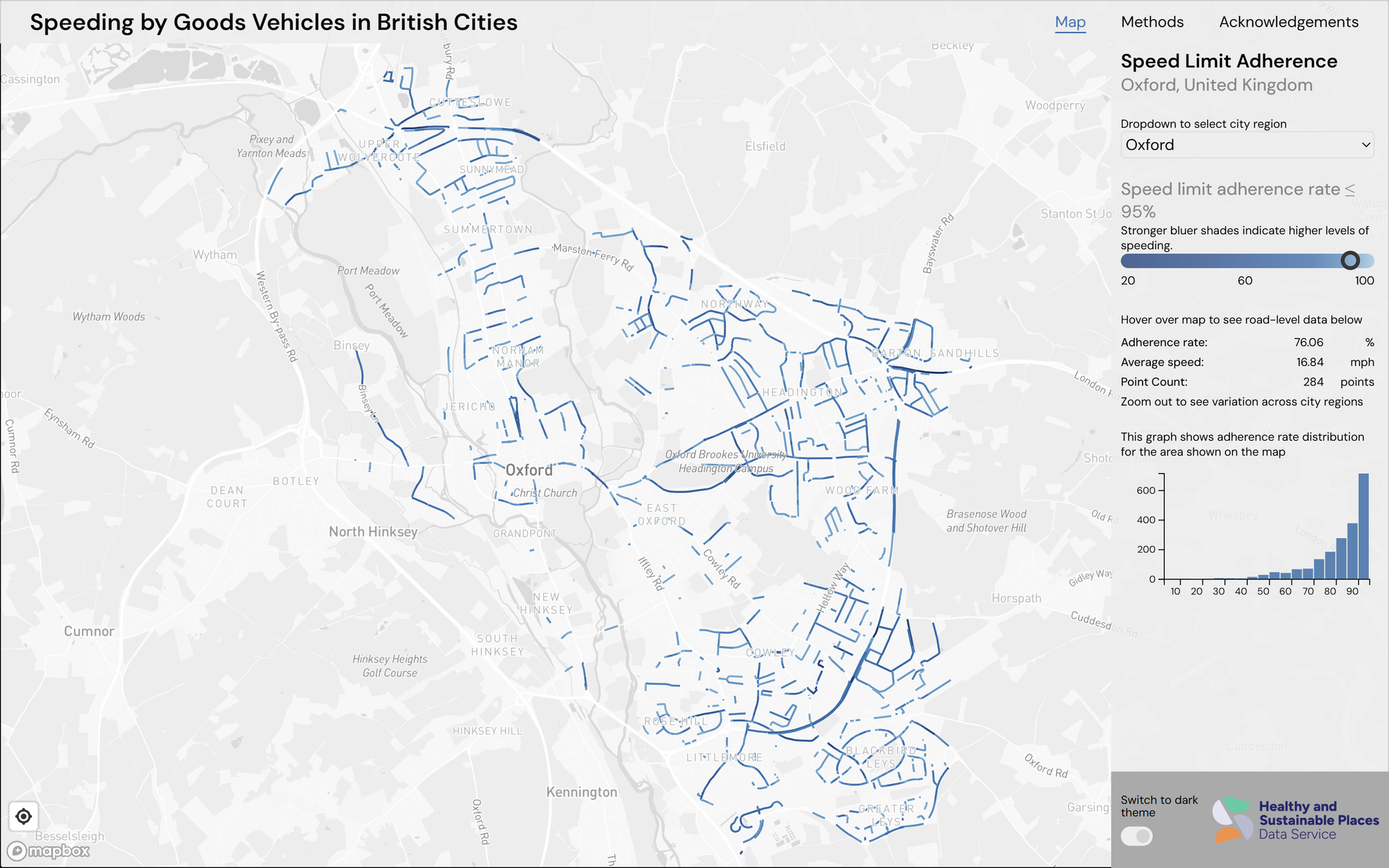 A map of Oxford with blue lines superimposed. The blue lines refer to different levels of speed limit adherence.