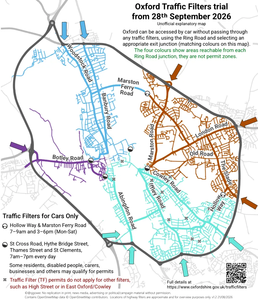 A map showing the areas that can be accessed from each point on the ring road without passing a Traffic Filter