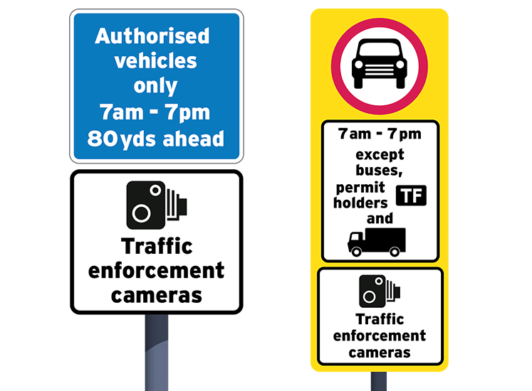 Two signs, one an advance warning for the filters and the other the sign at the traffic filter location.